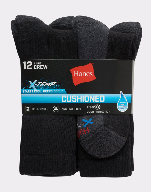 Hanes Cushioned Men’s Crew Socks, X-Temp, 12-Pair Pack, Black, 10-13