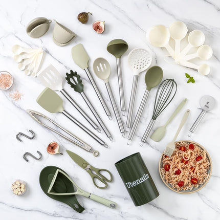 COOK WITH COLOR Silicone Cooking Utensils, 38-Piece Kitchen Utensil Set, Easy to Clean, Heat-Resistant, Non-Stick Safe, Green