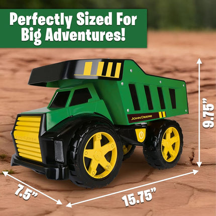 John Deere 16" Metal Dump Truck, Realistic Lights & Sounds, Heavy Duty Metal Truck Bed, Extra Large Wheels, Rugged Construction Vehicle Toy for Kids, Ages 3+, Indoor and Outdoor Play