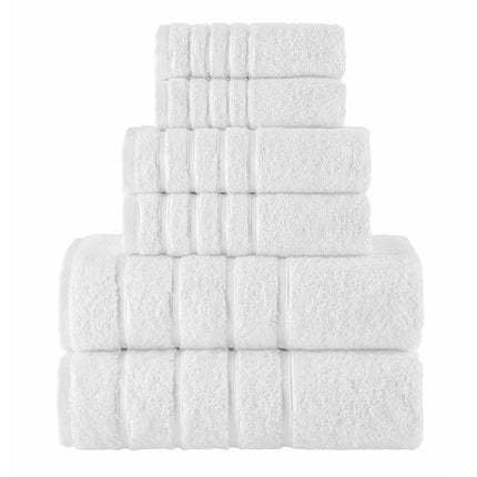 Juego de toallas de lujo Elegant Comfort de 6 piezas con rayas de viscosa de 4 líneas - Toallas de baño de lujo 100% algodón turco de alta absorción – Incluye 2 toallitas, 2 toallas de mano y 2 toallas de baño, blanco
