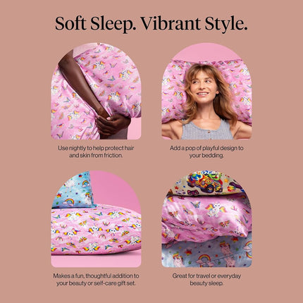 Kitsch x Lisa Frank Satin Pillowcase with Zipper for Hair & Skin, Softer Than Silk Pillow Cases Queen, Wrinkle-Free, Smooth and Cooling Satin Pillow Covers Standard/Queen Size 19x26 - Angel Kitty