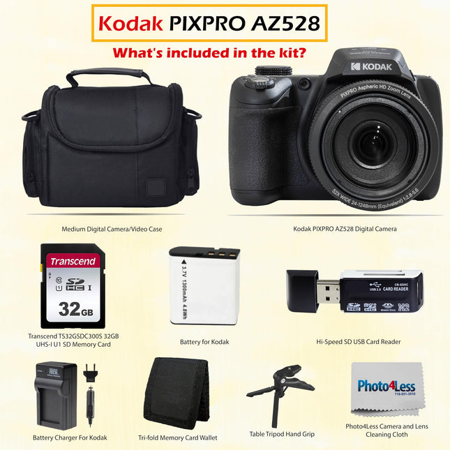 Cámara Digital Kodak PIXPRO AZ528 16 MP Full HD Video (Negra) con Zoom Óptico 52x, Paquete con Accesorios que Incluye Estuche Protector para Cámara, Batería y Cargador, Tarjeta SD de 32GB, Trípode y Más