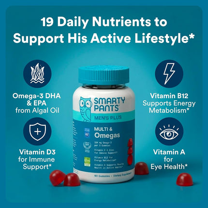 SmartyPants Mens Multivitamin Gummies with Omega 3 DHA/EPA, Methylfolate, Vitamin D3, C, B12, B6, A, K, Zinc, Raspberry Lemonade Flavor, 90 Count (30 Day Supply)