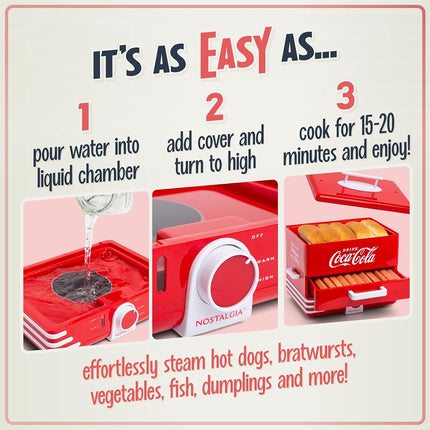 Nostalgia Extra Large Diner-Style Coca-Cola Steamer Cooks 20 Hot Dogs & 6 Buns - Hot Dog Steamer for Breakfast Sausages, Brats, Vegetables & Fish - Bun Steamer Perfect for Game Days or Parties - Red