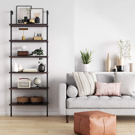 Nathan James 65601 Theo 6-Shelf Tall Bookcase, Wall Mount Bookshelf with Natural Wood Finish and Industrial Metal Frame, Nutmeg/Matte Black
