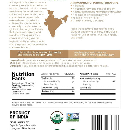 Organic Ashwagandha Root Powder - 1.10 lbs (17.64 oz) or 8oz | Lab Tested for Purity | Resealable Kraft Bag, Non-GMO, Indian Ginseng, Withania Somnifera -100% Raw from India, by SHOPOSR