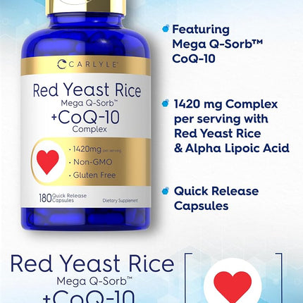 CoQ10 with Red Yeast Rice | 180 Capsules | Mega Q-Sorb 120mg & Red Yeast Rice 1200 mg | Non-GMO, Gluten Free Supplement | by Carlyle