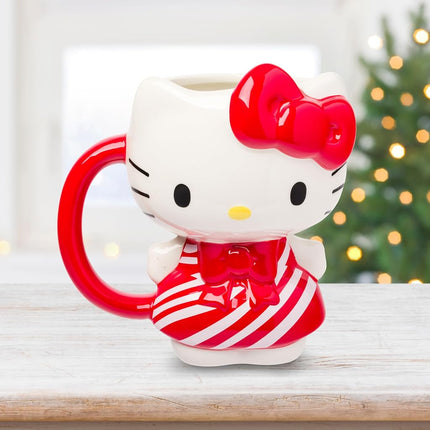 Silver Buffalo Sanrio Hello Kitty Christmas Holiday Candy Cane Dress 3D Sculpted Ceramic Mug, 20 Ounces