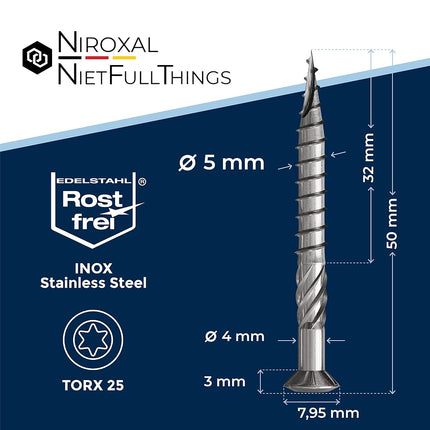 NietFullThings Decking Screws Stainless Steel C1 Wood Screws Torx Drive Deck Screws for Wood Outdoor 5x50 mm Pack of 800