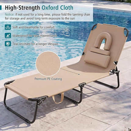 GYMAX Tanning Chair, 330lbs Beach Lounge Chair with Face Hole