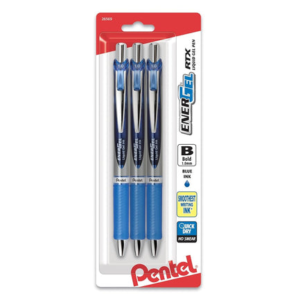 Pentel EnerGel RTX bolígrafo de gel líquido retráctil, trazo grueso, punta de metal, tinta azul, paquete de 3 (BL80BP3C)
