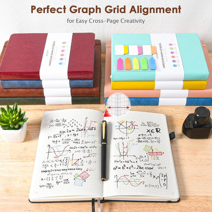 OFFIGIFT Graph Paper Notebook, 312 Numbered Pages Large A5 Hardcover Leather Journal, 100gsm No Bleed Grid Paper Notebook with Index Pages, Grid Notebook for Graphing Notes Math, 5.75" x 8.38", Brown