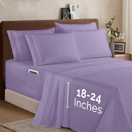 Elegant Comfort 6 Piece Bed Sheets Set Ultra Soft 1500 Thread Count Extra Deep Pocket 18-24 Inch Bed Sheets with Smart Storage Pockets, Wrinkle Resistant, King, Lavender