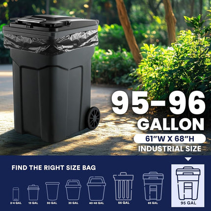 Plasticplace 95-96 Gallon Rubbish Bin Liners Heavy Duty Black Bin Bags Tear-Resistant Outdoor Rubbish Bags for Rollaway Bins Large 61" x 68" Industrial-Strength Waste Bags (25 Count) 1.5 Mil