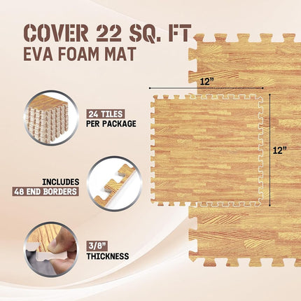 Yes4All Interlocking Foam Tiles, Non-Slip Foam Floor Tiles for Home Gym- Oak Wood Light, 24 Tiles 12"x 12"x 7/16" Cover 24 Sqft