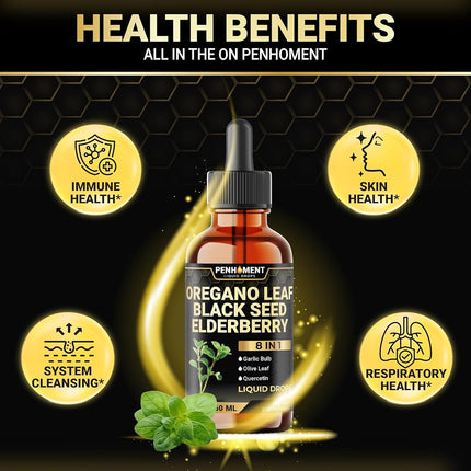 Penhoment 8in1 Oil of Oregano Drops with Black Seed Oil Liquid | Contains Carvacrol | Garlic, Elderberry, Olive Leaf, Quercetin, Bromelain - 2 Fl Oz