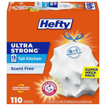 Hefty Ultra Strong Trash Bags (Scent Free, Tall Kitchen Drawstring, 13 Gallon, 110 Count)