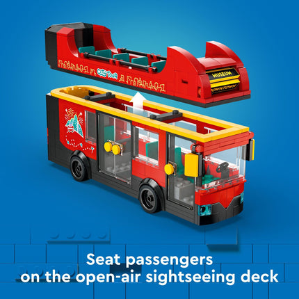 LEGO City Juego de construcción de juguete Autobús turístico rojo de dos pisos, regalo de cumpleaños para niños de 7 años, autobús de Londres, para niños, juguete de autobús de dos pisos, 5 personajes, incluyendo un bebé y un cochecito, 60407