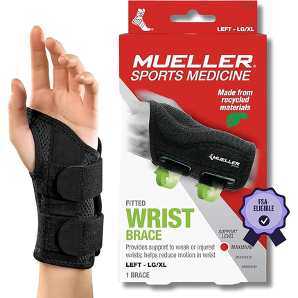 MUELLER Fitted Wrist Brace for Left Hand, Large/X-Large, Black