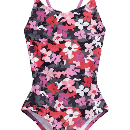 Kanu Surf Girls' Hurricane Beach Sport UPF 50+ 1-Piece Swimsuit, Garden Camo Black/Pink, 14