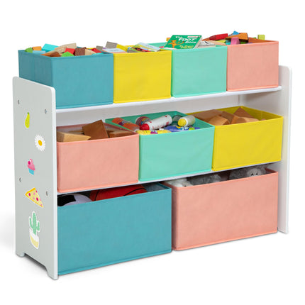 Organizador de juguetes de lujo con varios compartimentos y contenedores de almacenamiento de Delta Children, con certificación Greenguard Gold, blanco con contenedores azules/naranjas/en tonos pastel