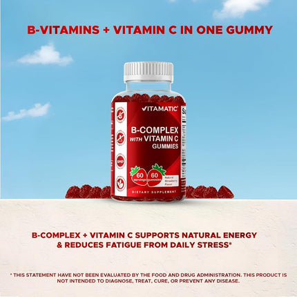 Vitamatic Vitamin B Complex Gummies with Vitamin C & Inositol - Natural Strawberry Flavor - 60 Gummies (1 Bottle)