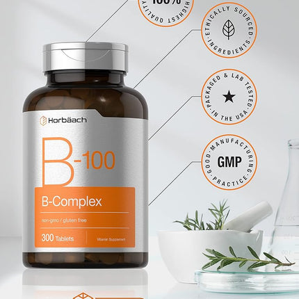 Vitamin B-100 Complex | 300 Tablets | Vegetarian, Non-GMO, and Gluten Free Supplement | by Horbaach