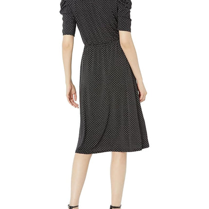 Adrianna Papell Women's Ruffle Neck Short Sleeve Dress, Black/Ivory Outline Dot, M