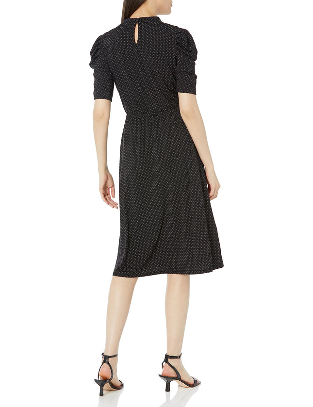 Adrianna Papell Women's Ruffle Neck Short Sleeve Dress, Black/Ivory Outline Dot, M