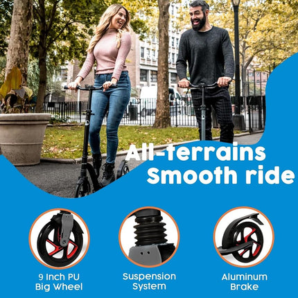 Lascoota Adult Kick Scooter - Black, 264 lb Capacity - Foldable Commuter Scooter for Adults with Front Suspension - Wear-Resistant Wheels & Adjustable Handlebar Height