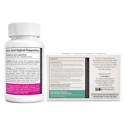 NutraBlast Boric Acid Suppositories 600mg (30 Count) w/Tea Tree Oil Suppositories (12 Count) | All Natural Intimate Deodorant for Women | Restore Feminine pH Balance
