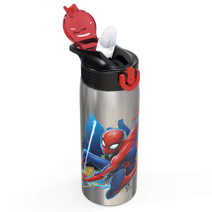 Zak Designs 27oz Marvel 18/8 Single Wall Stainless Steel Water Bottle with Flip-up Straw Spout and Locking Spout Cover, Durable Cup for Sports or Travel (27oz, Spider-Man)