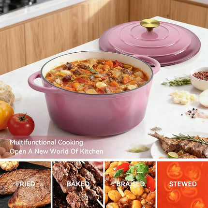 Miereirl 4.5 Quart Enameled Dutch Oven Pot with Lid, Cast Iron Dutch Oven with Dual Handles for Bread Baking, Cooking, Non-stick Enamel Coated Cookware, Rose