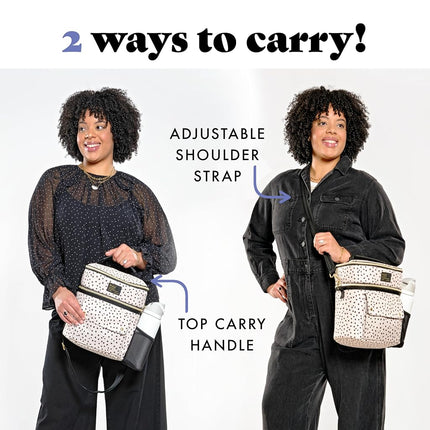 Fit & Fresh Westminster Insulated Lunch Bag Double Compartment for Women, Full Set with 2 Containers, Double Compartment Cooler Bag with Adjustable Strap, Black and White Dots
