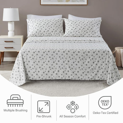 Sleep Philosophy True North Flannel Sheets King Size, Cozy 100% Cotton Flannel Bed Sheets, Ultra Soft Cute Sheet Set, Novelty Print Themed Cold Weather Warm Bedding Set, Black Snowflakes, 4 Piece