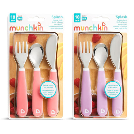Munchkin Splash Toddler Fork, Knife and Spoon Set, 6 Pack, Pink/Purple