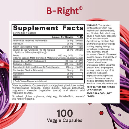 Jarrow Formulas B-right Complex, Supports Engery, Brain and Cardiovascular Health, 100 Veggie Caps