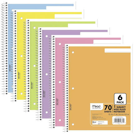 Mead Spiral Notebook, Wide Ruled, 1 Subject, Assor