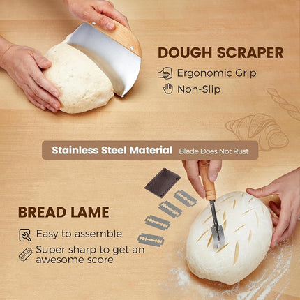 Cestas Banneton para fermentar pan y accesorios para hornear - Kit de masa madre ovalado de 10", juego de 2, 6 accesorios