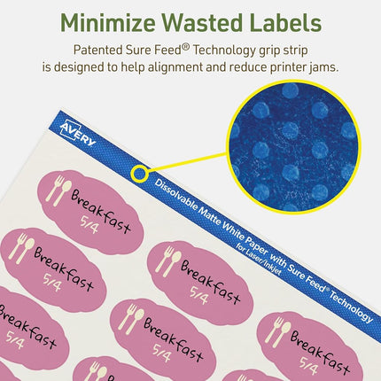 Avery Sure Feed Dissolvable Oval Labels with Sure Feed Technology, 1-1/8" x 2-1/4", Matte White, Edge Printing, Compatible with Laser and Inkjet Printers, 210