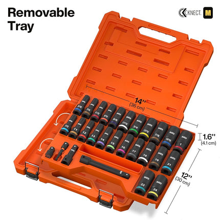 Klein Tools 65123HD KNECT Deep-Well Impact Socket Set, 1/2-Inch Drive, SAE and Metric, 28-Piece Tool Set, 1/4-Inch Impact Driver, Wrench Extensions, Color-Coded, Removable Socket Organizer