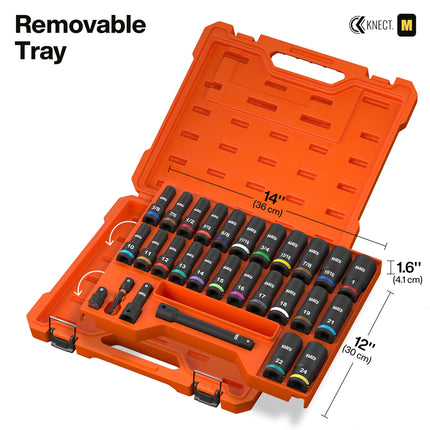 Klein Tools 65123HD KNECT Deep-Well Impact Socket Set, 1/2-Inch Drive, SAE and Metric, 28-Piece Tool Set, 1/4-Inch Impact Driver, Wrench Extensions, Color-Coded, Removable Socket Organizer