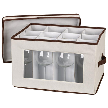 Household Essentials 542 Vision Storage Box with Lid and Handles |Red Wine and Balloon-Style Glasses Natural Canvas with Brown Trim