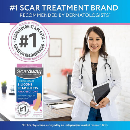 ScarAway C-Section Scar Sheets, Medical Grade Silicone, Tan, 1.5x7in, 4 Ct
