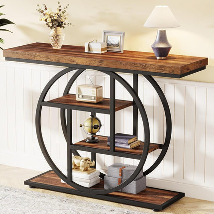 Tribesigns 105cm Console Table, 4-Tier Entryway Console Table with Geometric Base, Narrow Hall Table with Storage Shelves for Living Room, Hallway, Foyer, Rustic Brown