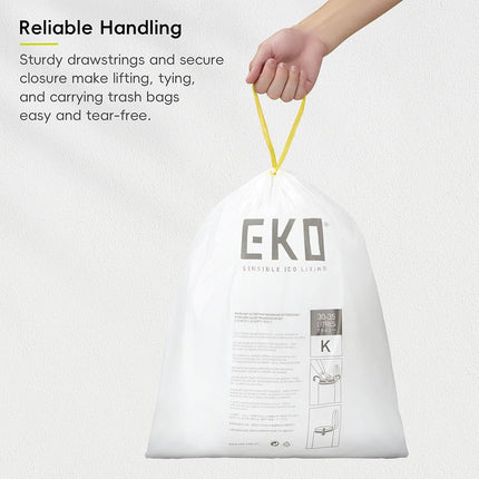 EKO 9.3 Gallon / 30–35 Liter Drawstring Trash Bags, 60 Count Heavy-Duty Tall Kitchen Garbage Can Liners, Extra-Strong Leak-Resistant, Unscented, White, Code K
