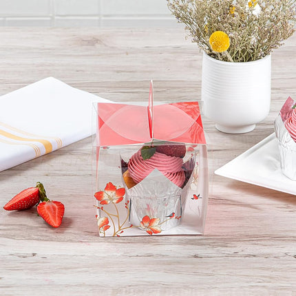 Restaurantware-4 Inch x 4.25 Inch Individual Cupcake Boxes, 100 Disposable Cupcake Display Boxes - with Handle, Bird Accent, Clear Plastic Single Cupcake Containers, for Weddings Or Birthdays