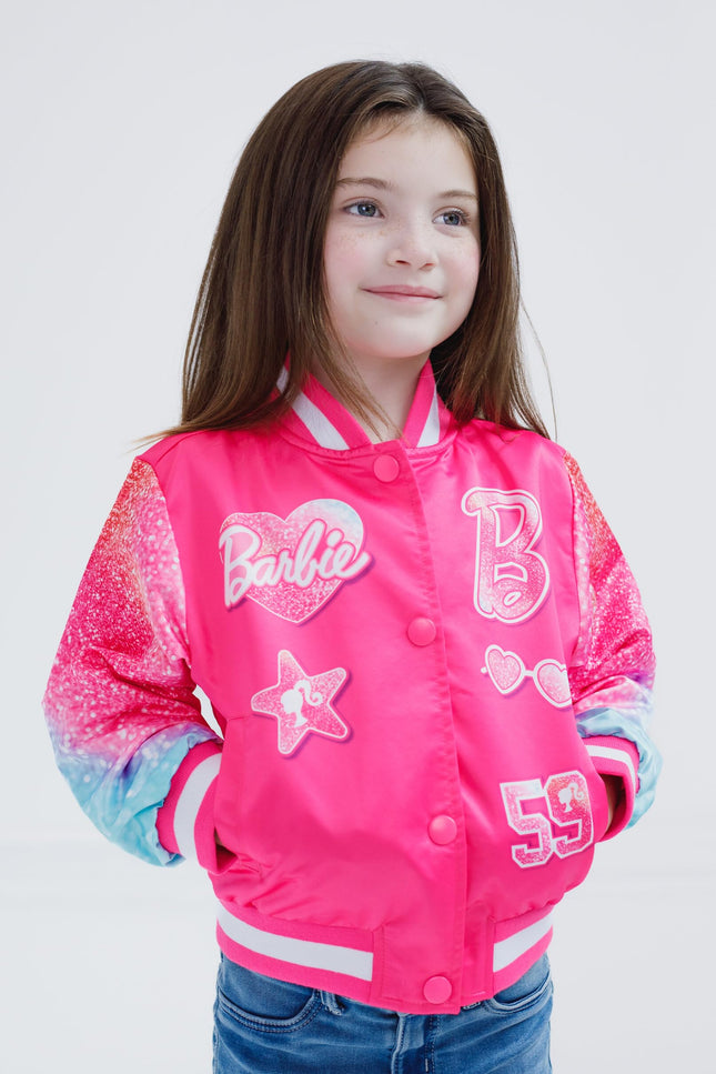 Barbie GIRLS BOMBER JACKET BOMBER JACKET SMALL KIDS TO LARGE KIDS SIZE 4-16, Light Pink Glitter, 14-16