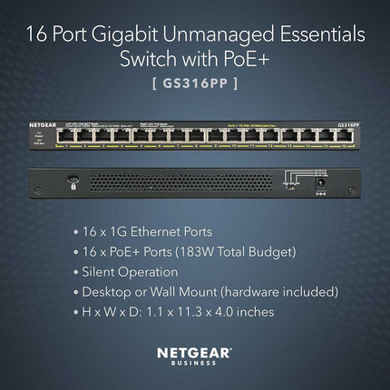 FYLINA Muscle Massage Gun, Deep Tissue Muscle NETGEAR 16-Port Gigabit Ethernet Unmanaged PoE+ Switch (GS316PP) - with 16 x PoE+ @ 183W, Desktop/Wallmount, Sturdy Metal