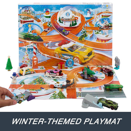 Hot Wheels Toy Cars, Advent Calendar 2024, 8 Hot Wheels Cars in Scale 1:64, Behind 24 Numbered Doors Hide 16 Winter Accessories and a Play Mat, HTG00